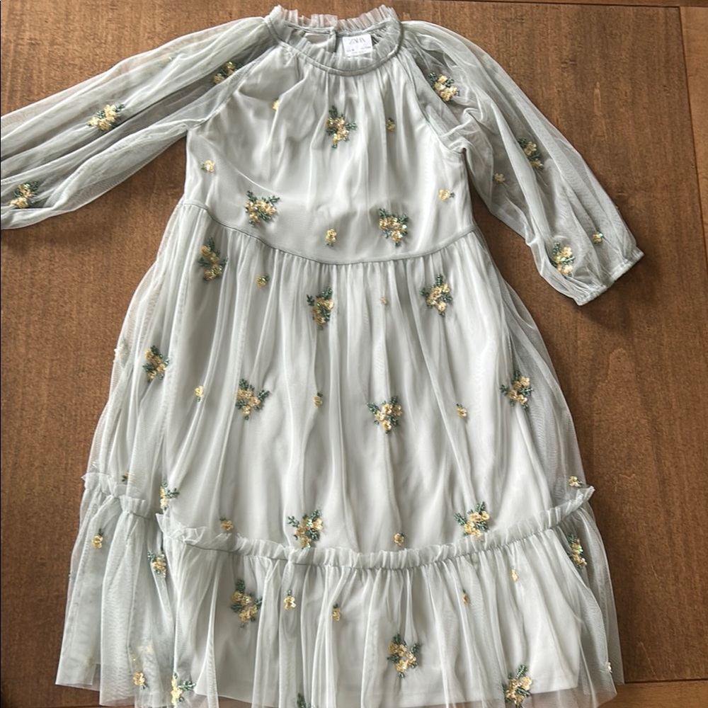 Zara Girls Light Sage Green Mesh Dress with Gold & Green Floral Embroidery